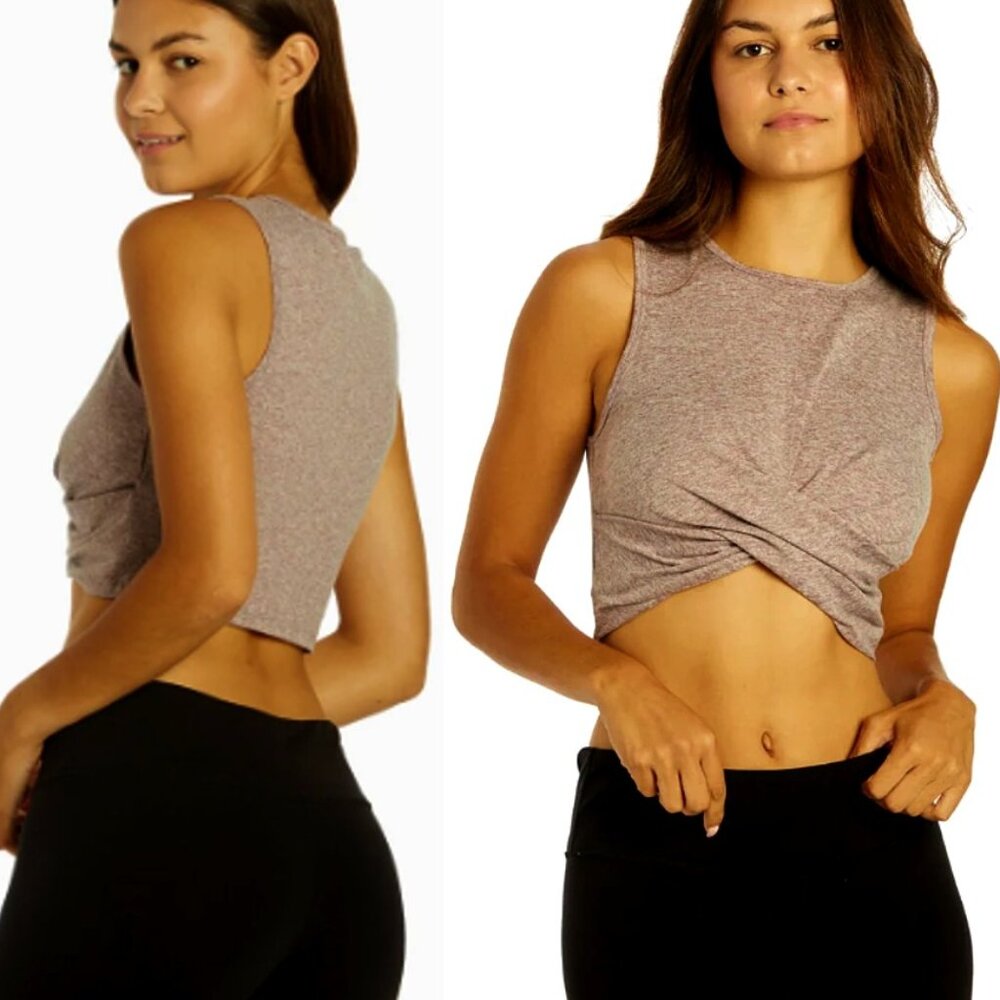 Zobha Women's Melange Twist Crop Tank Top Heather Black Plum Size Large NWT
